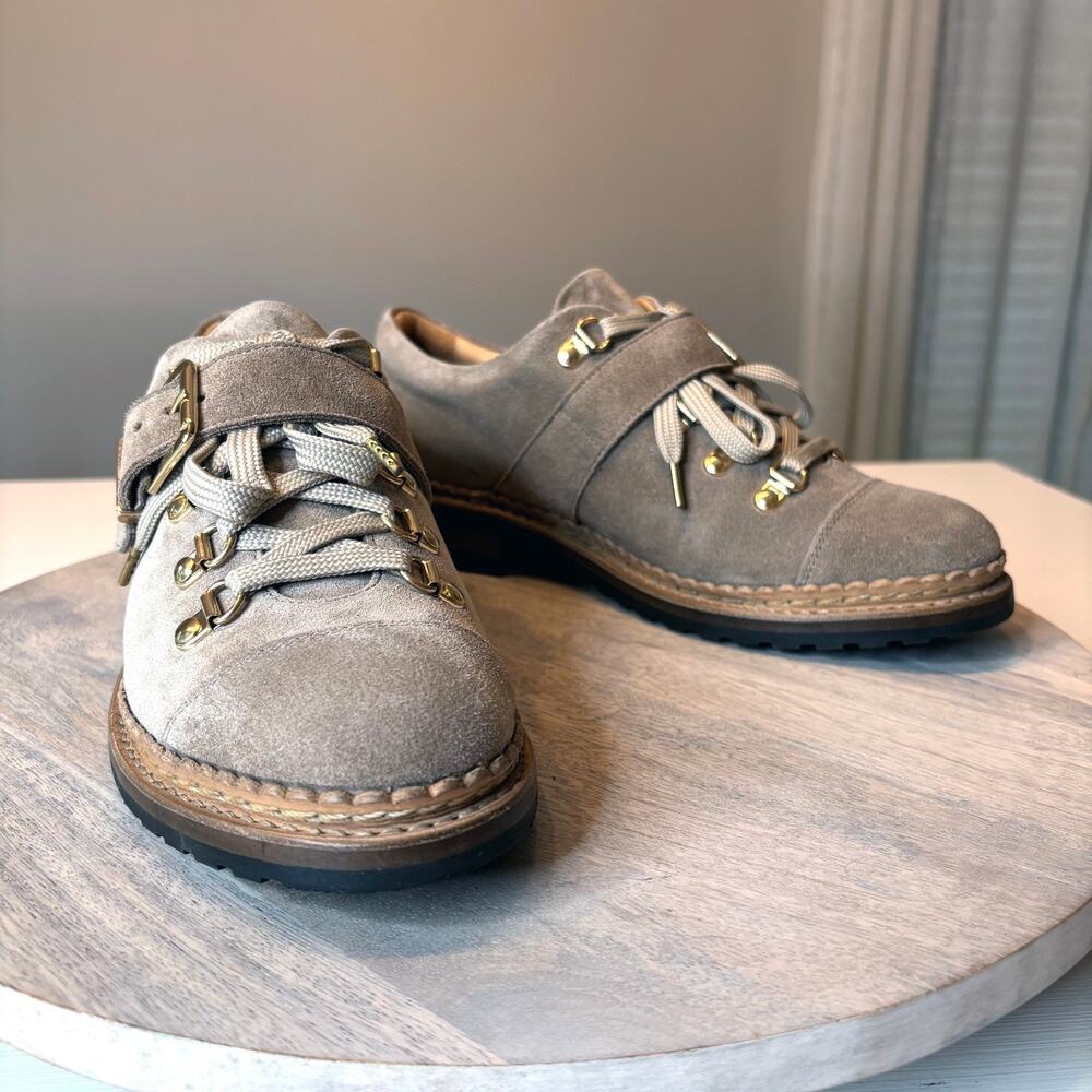The Office Of Angela Scott Mr. Logan Taupe Suede Buckle Loafers Lug Soles Size 9